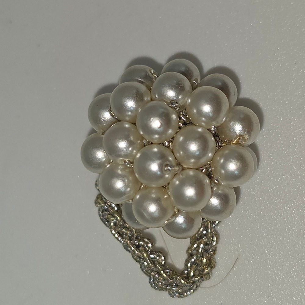Cluster Ring Womens OS Cream Excellent Faux Pearl Seed Bead Woven